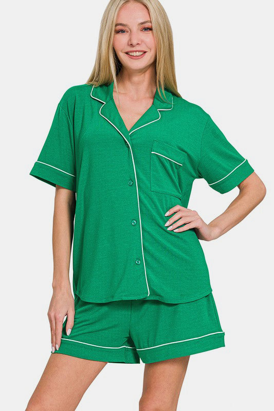 Zenana Button Down Short Sleeve Top and Shorts Lounge Set - Charming Charlie