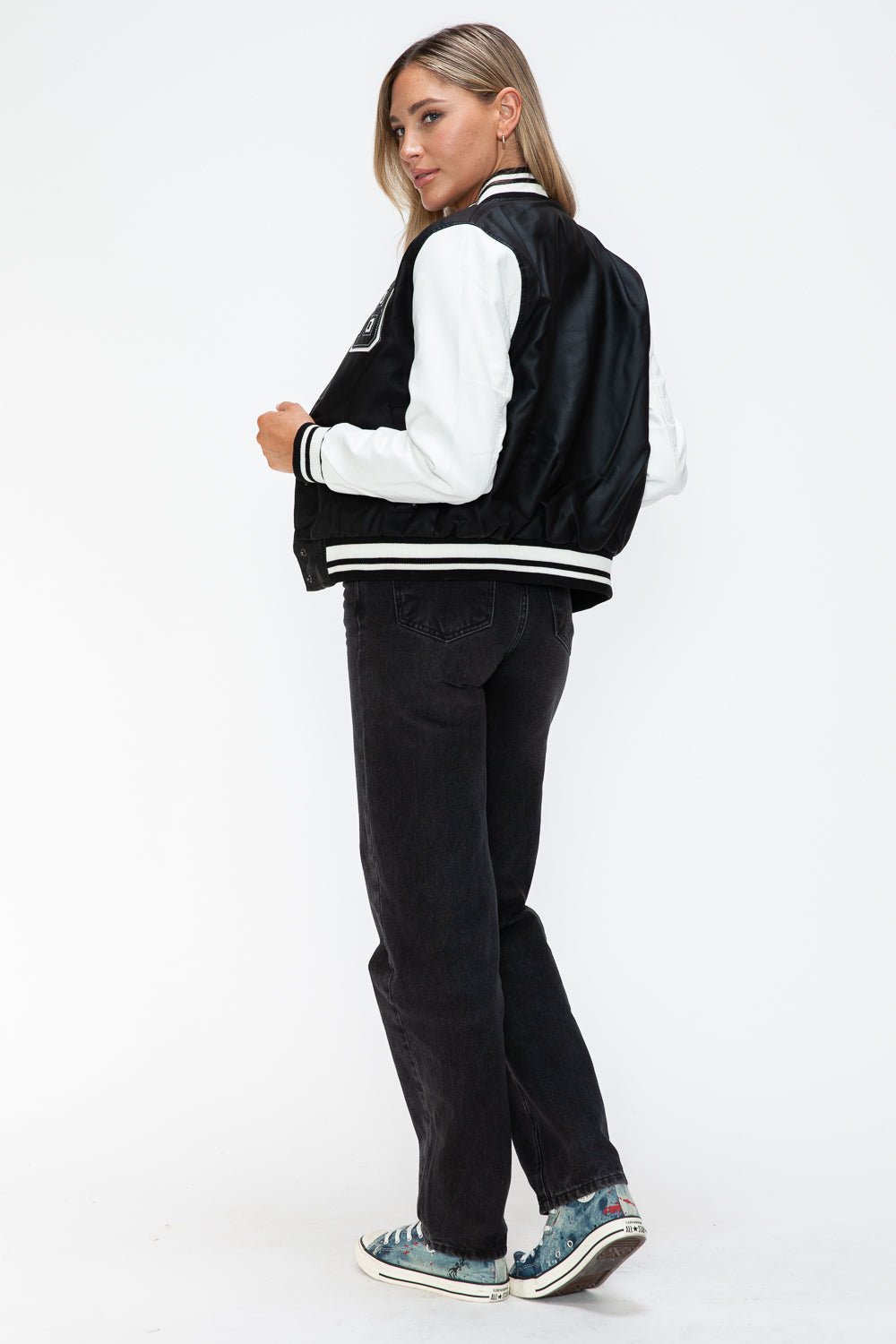 Love Me Now PU Leather Contrast Snap Down Bomber Jacket - Charming Charlie