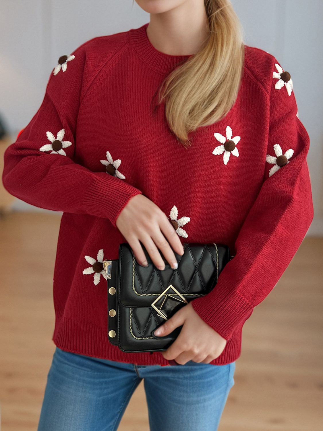 Flower Round Neck Raglan Sleeve Sweater - Charming Charlie