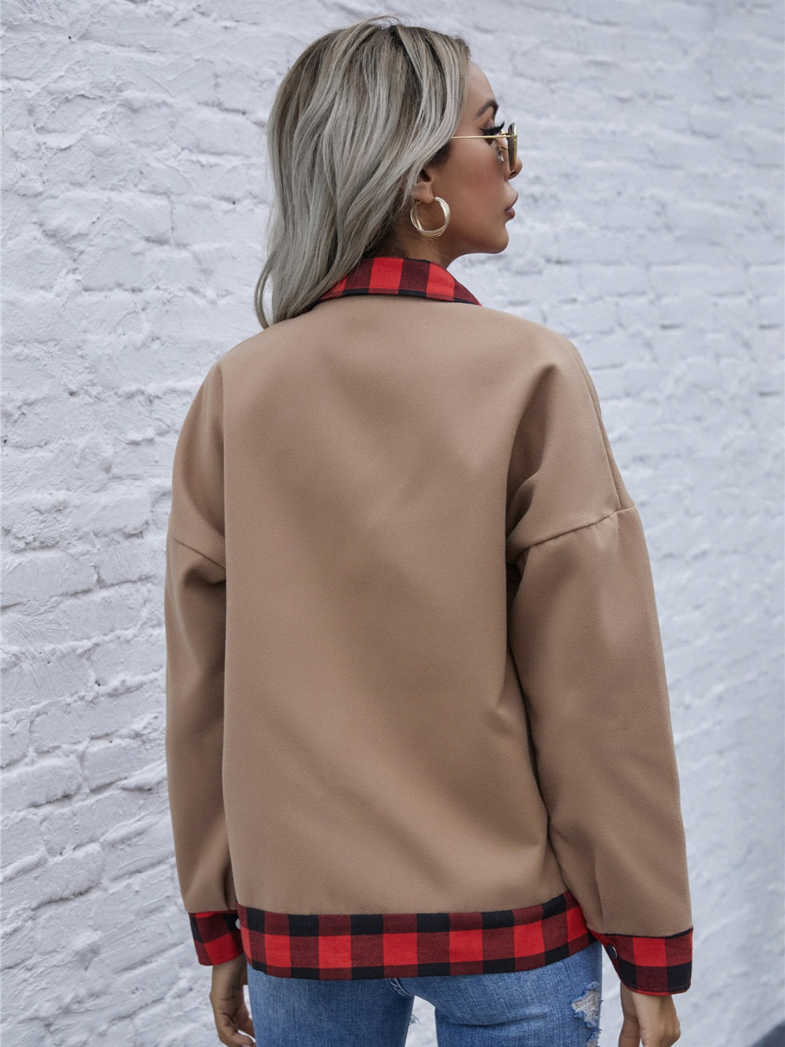 Plaid Trim Long Sleeve Jacket - Charming Charlie