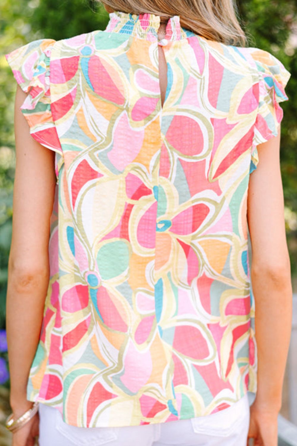Ruffled Printed Mock Neck Cap Sleeve Blouse - Charming Charlie
