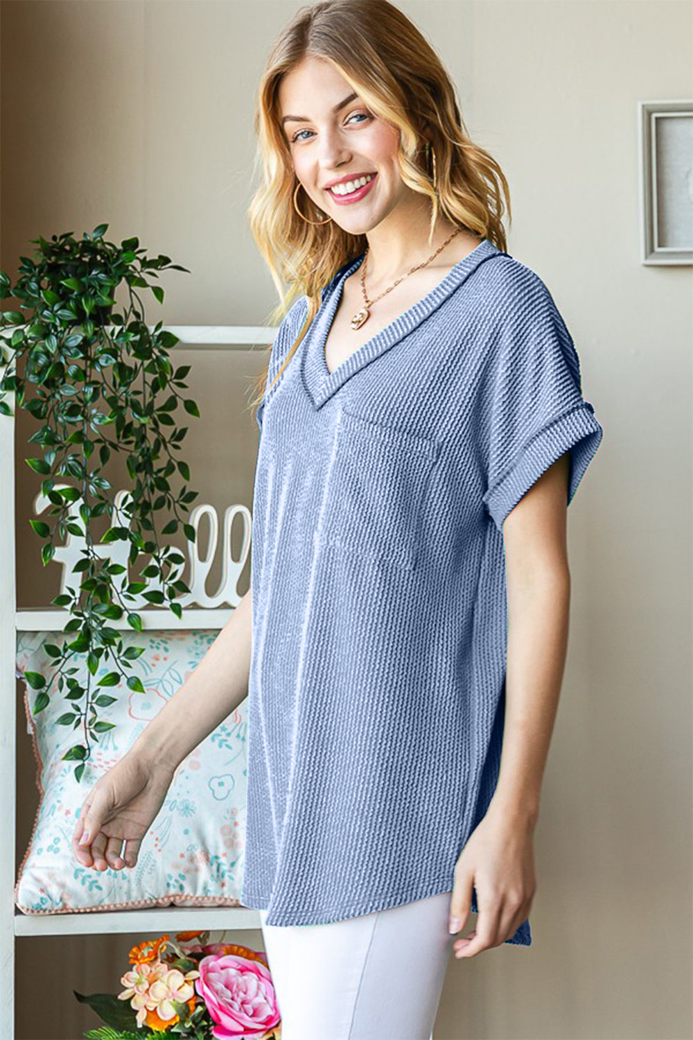 Heimish Full Size Front Pocket Short Sleeve Ribbed Top - Charming Charlie