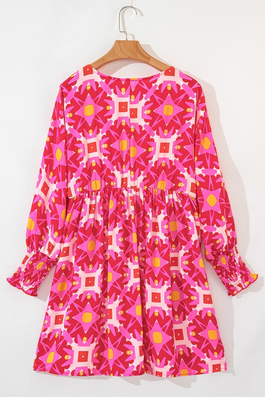 Geometric Print Smocked Long Sleeve Mini Dress - Charming Charlie