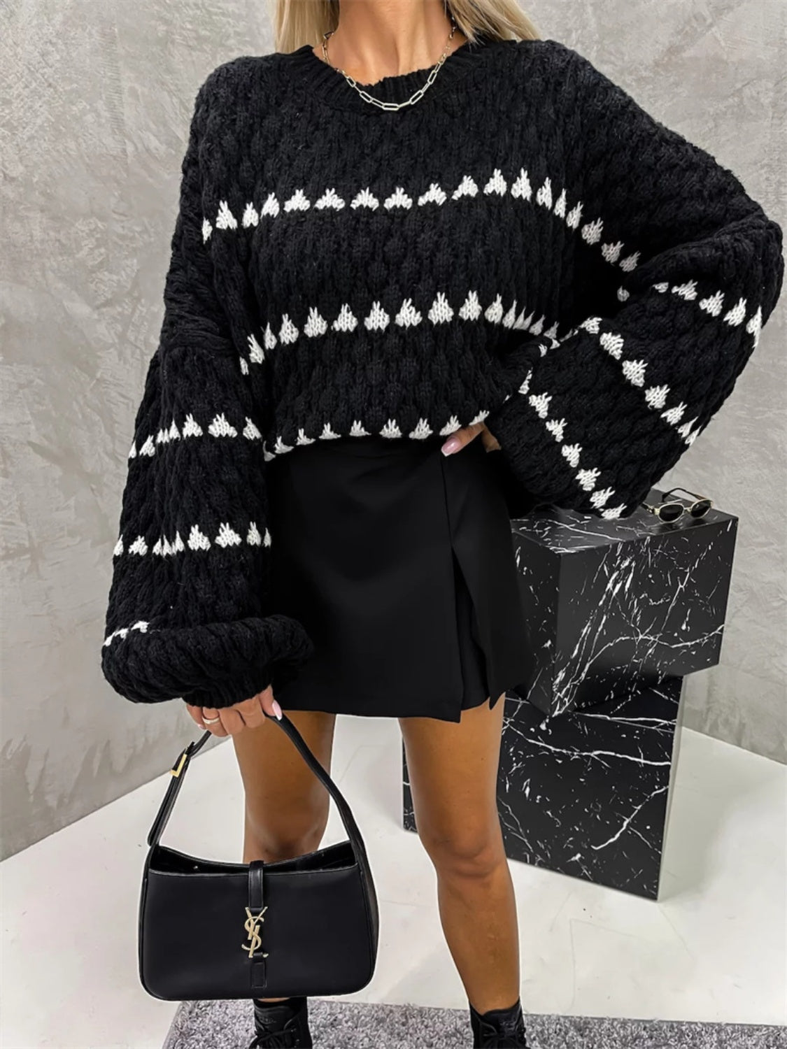 Contrast Round Neck Long Sleeve Sweater - Charming Charlie