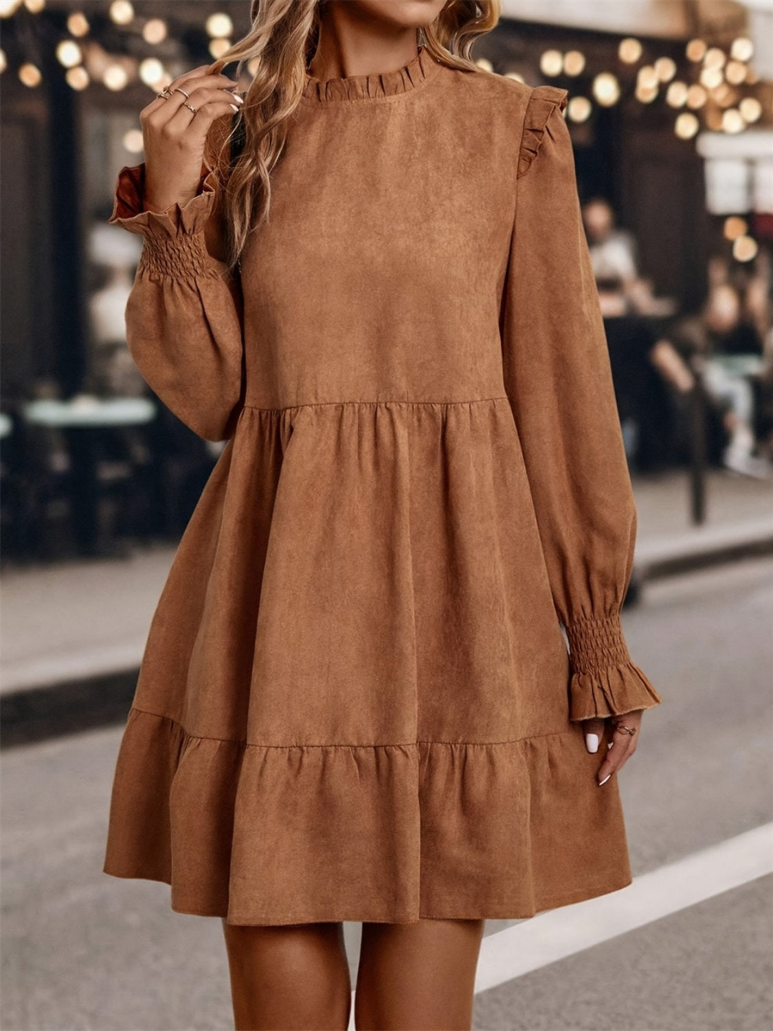 Frill Round Neck Long Sleeve Mini Dress - Charming Charlie