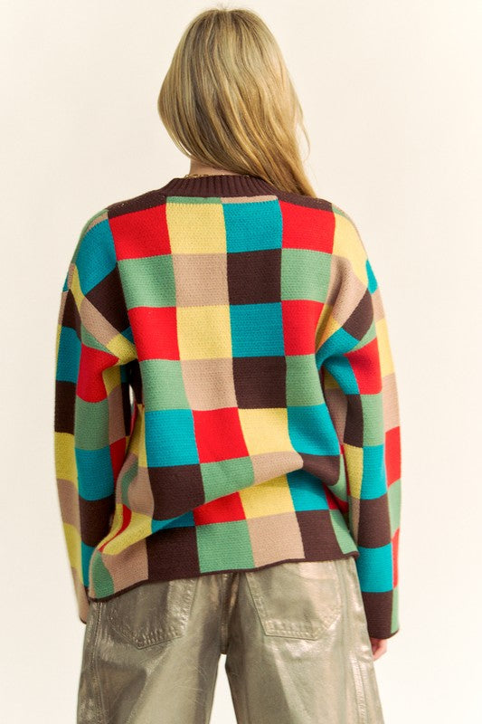Davi & Dani Color Block Checkered Dropped Shoulder Sweater - Charming Charlie