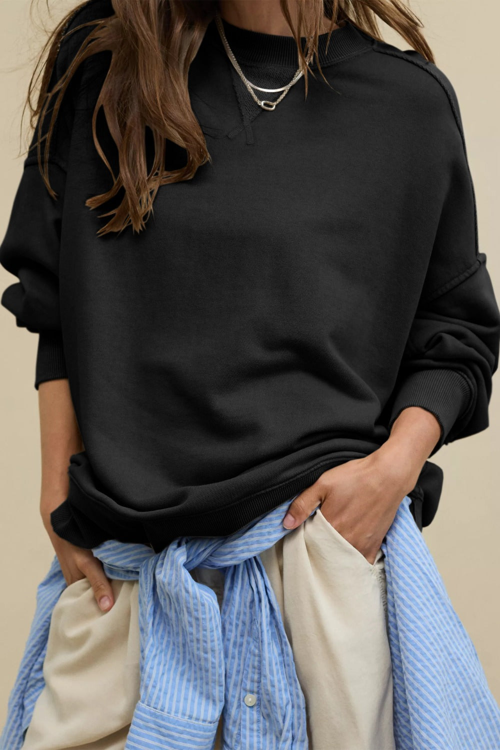 Side Slit Round Neck Long Sleeve Sweatshirt - Charming Charlie