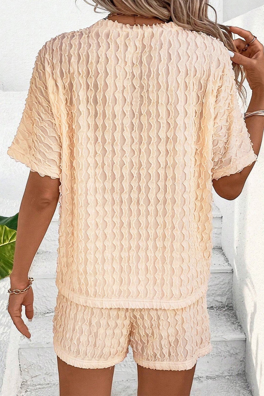 Textured Round Neck Top and Shorts Set - Charming Charlie