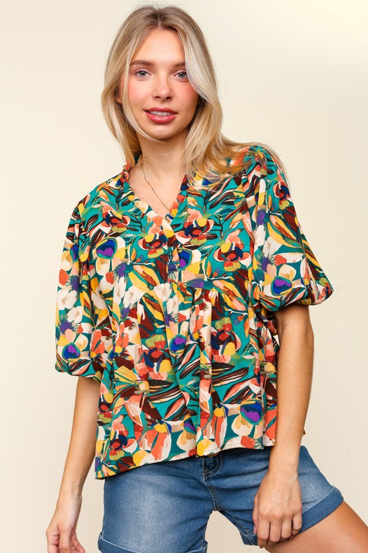 Haptics Full Size Frill Floral Puff Sleeve Peplum Blouse - Charming Charlie