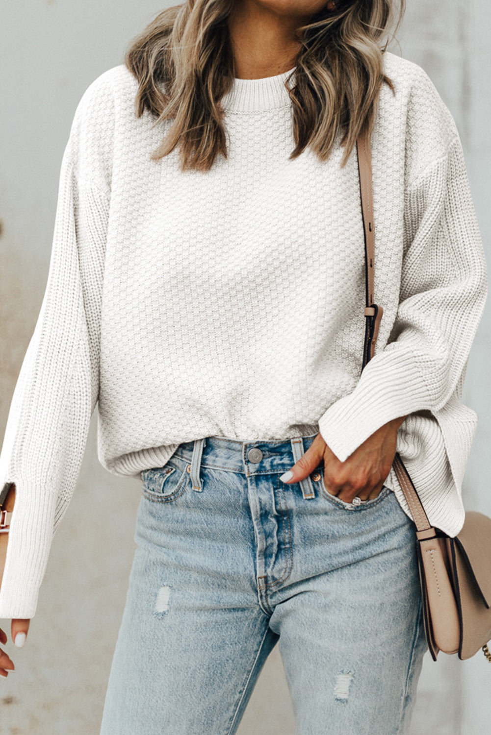 Textured Round Neck Long Sleeve Sweater - Charming Charlie