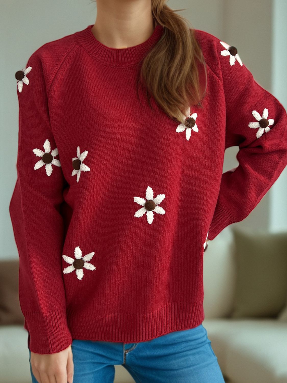 Flower Round Neck Raglan Sleeve Sweater - Charming Charlie