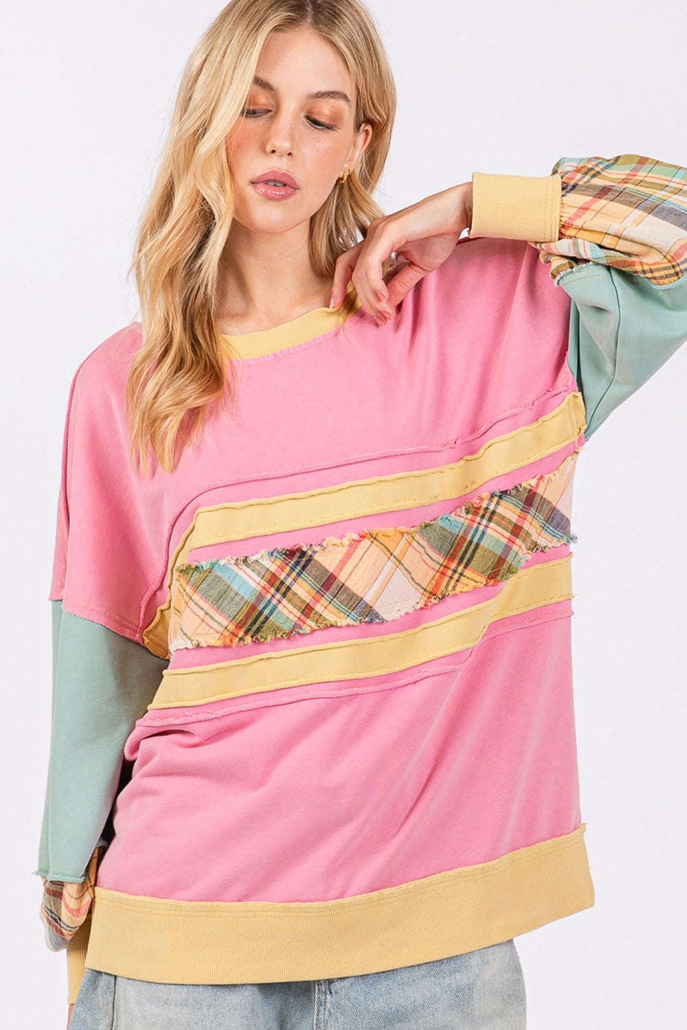 SAGE + FIG Mineral Wash Raw Edge Color Block Sweatshirt - Charming Charlie