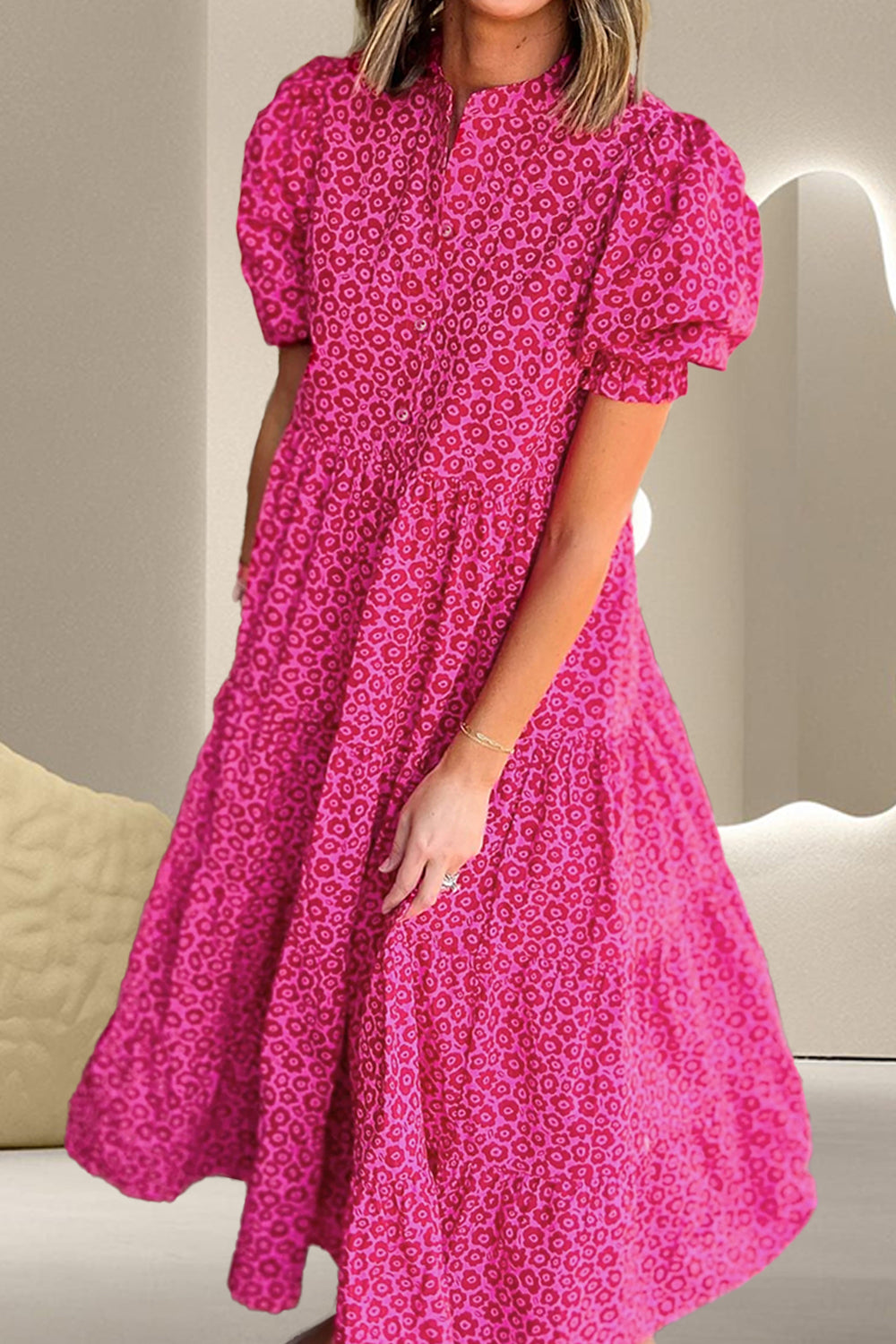 Printed Notched Puff Sleeve Midi Dress - Charming Charlie