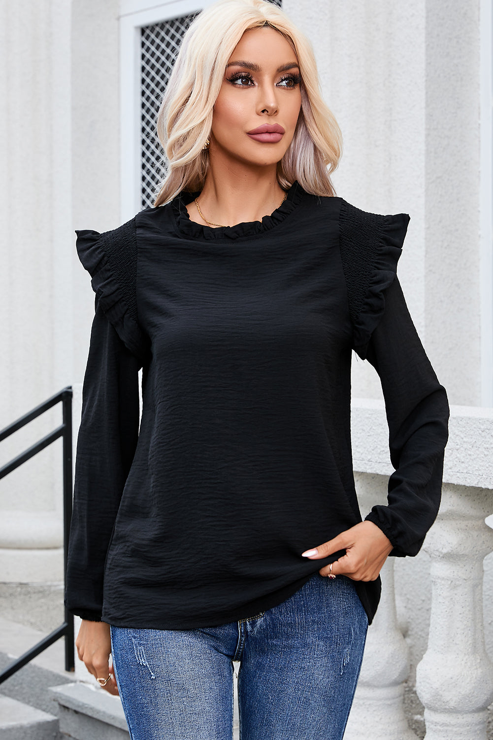 Frill Mock Neck Ruffled Balloon Sleeve Blouse - Charming Charlie