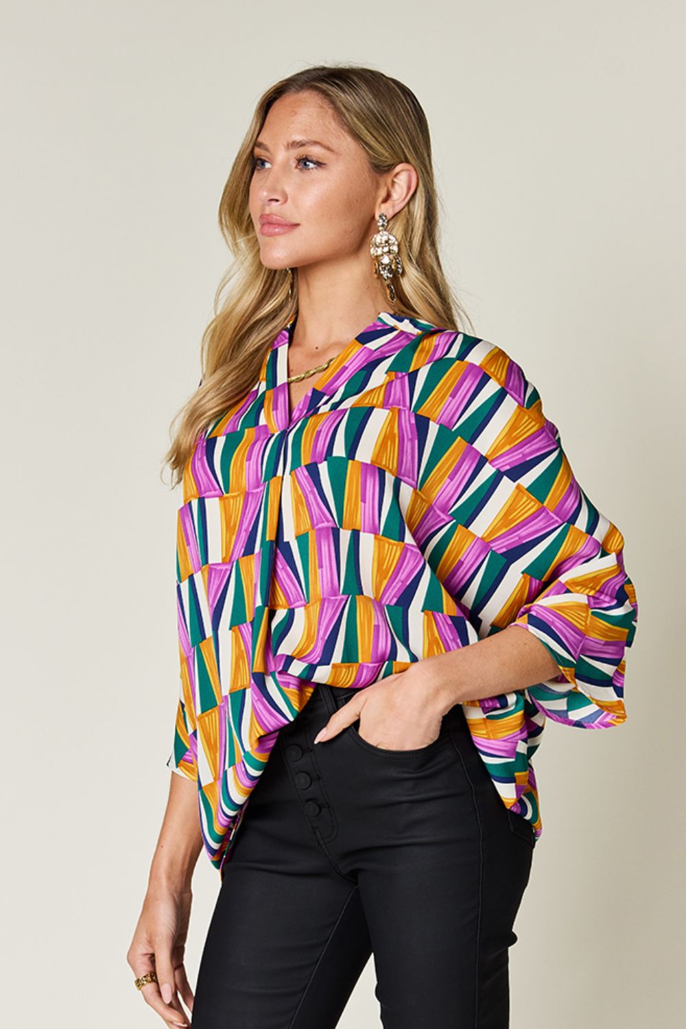 Double Take Full Size Geometric Notched Dolman Sleeve Top - Charming Charlie
