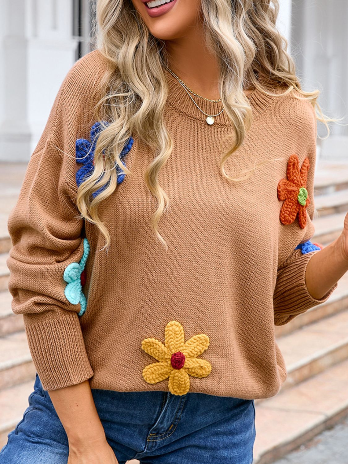 Crochet Flower Round Neck Sweater - Charming Charlie