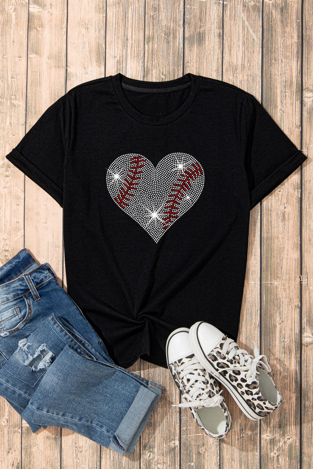 Rhinestone Heart Round Neck Short Sleeve T-Shirt - Charming Charlie
