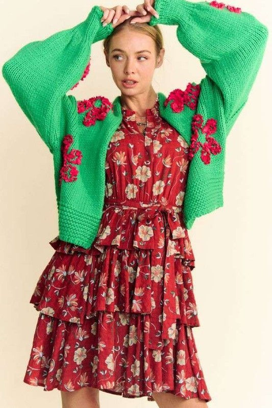 Davi & Dani Floral Applique Open Front Drop Shoulder Cardigan - Charming Charlie