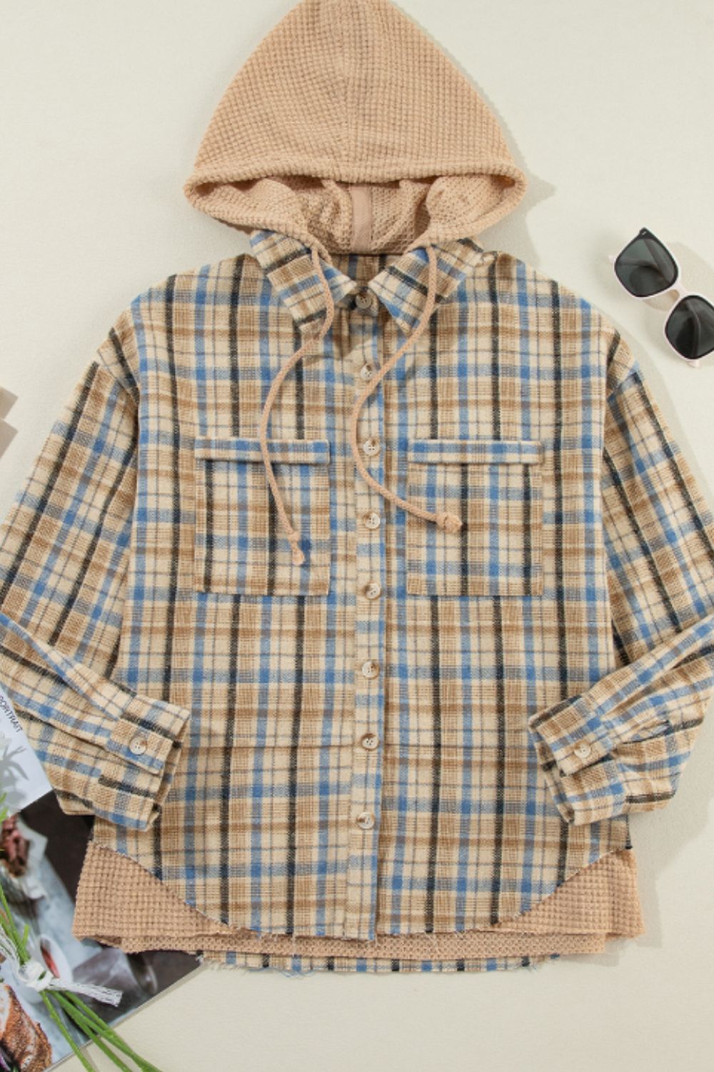 Drawstring Waffle Knit Patchwork Hooded Plaid Shacket - Charming Charlie