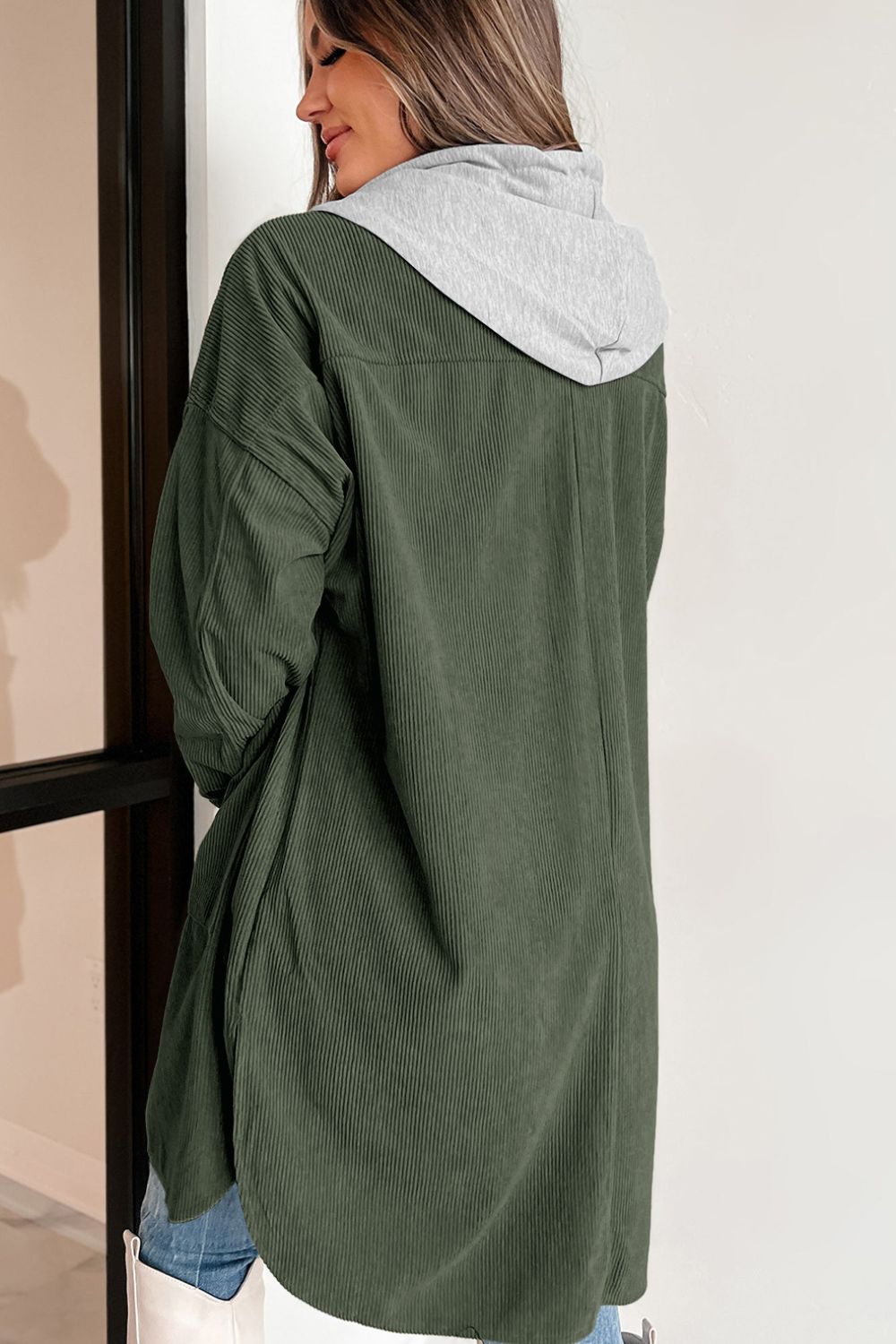 Drawstring Button Up Long Sleeve Hooded Jacket - Charming Charlie