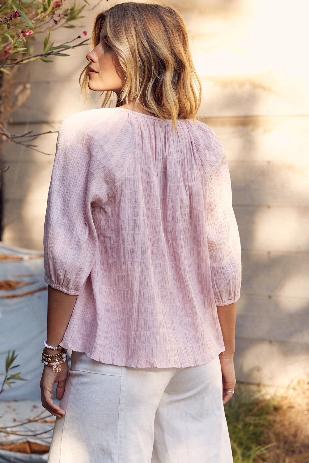 In February Textured Tie Neck Blouse - Charming Charlie