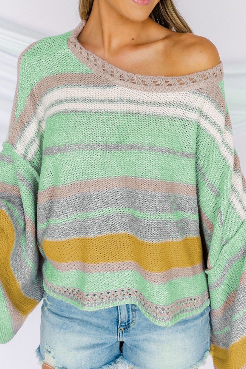 Contrast Striped Boat Neck Dropped Shoulder Sweater - Charming Charlie