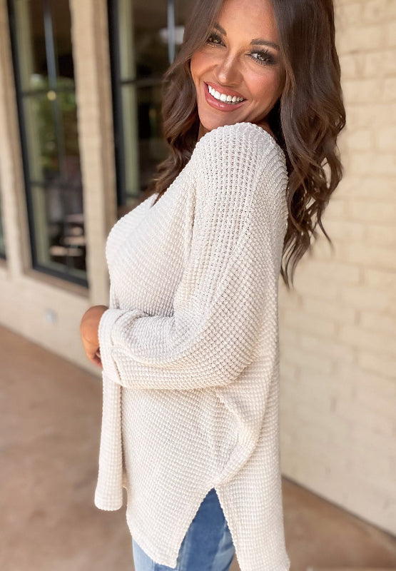 Side Slit V-Neck Long Sleeve Top - Charming Charlie