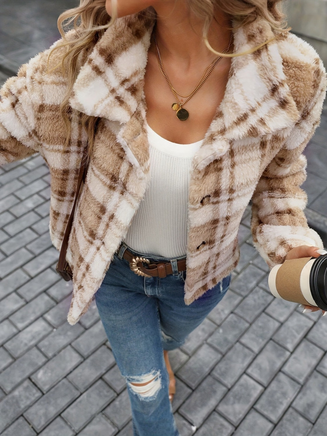 Plaid Button Up Collared Neck Long Sleeve Jacket - Charming Charlie