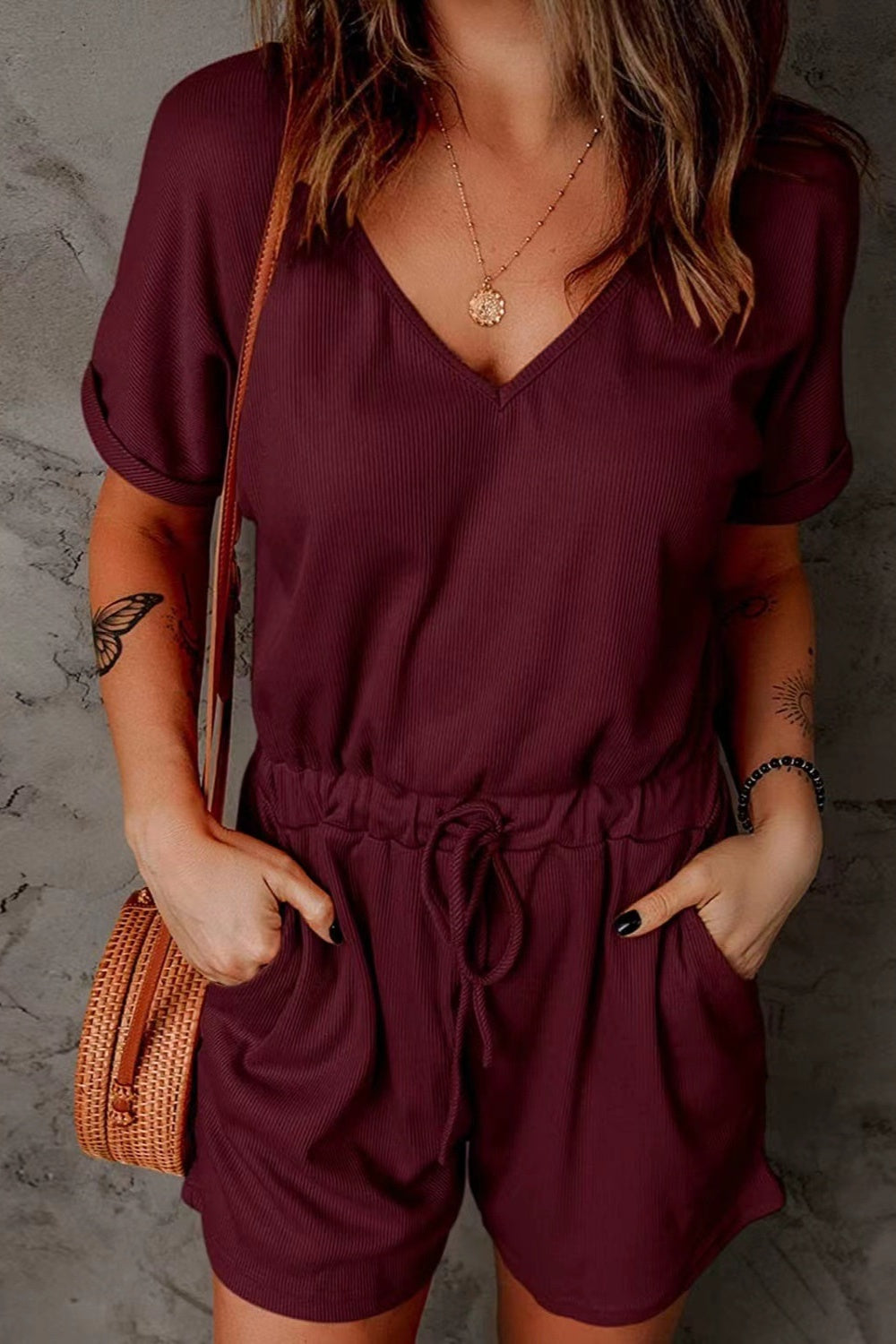 Full Size Drawstring V-Neck Short Sleeve Romper - Charming Charlie