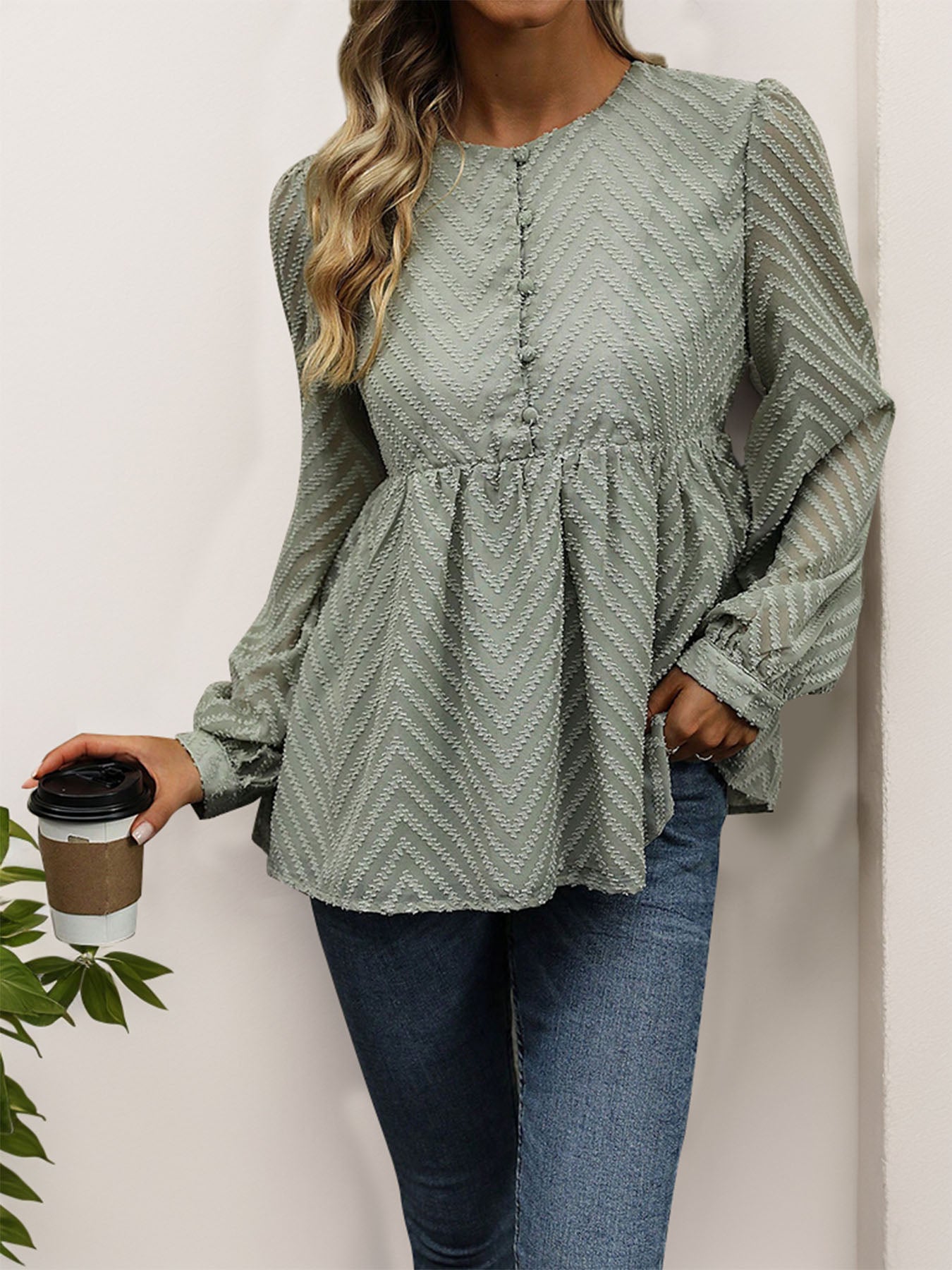 Peplum Round Neck Long Sleeve Blouse - Charming Charlie