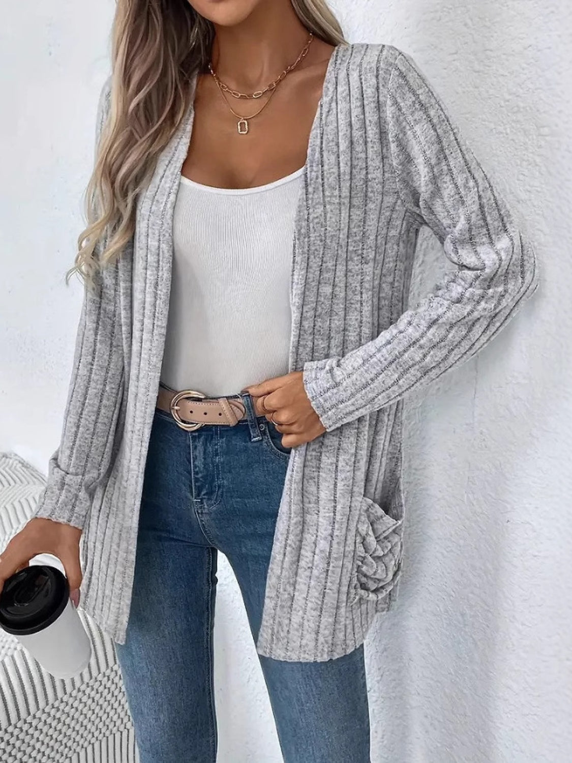 Ribbed Open Front Long Sleeve Cardigan with Pockets - Charming Charlie
