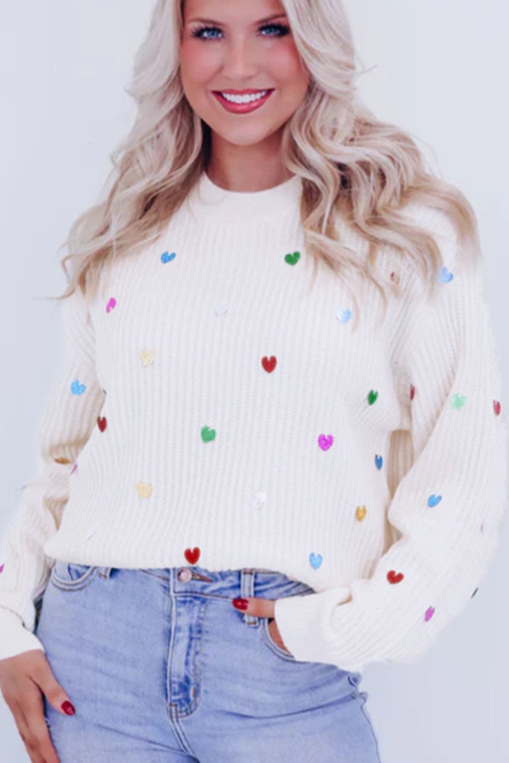Heart Sequin Round Neck Long Sleeve Sweater - Charming Charlie