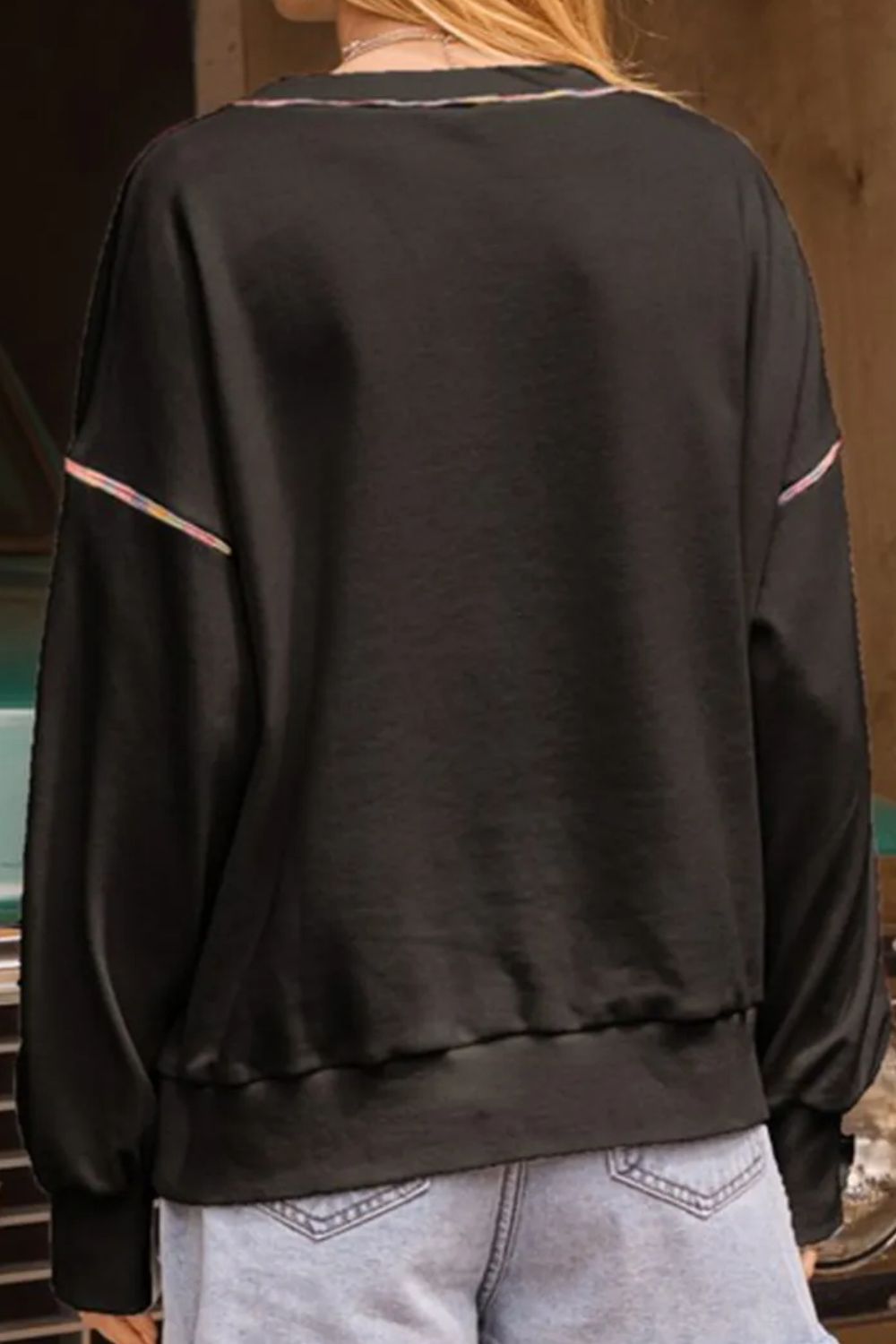 Rainbow Trim Round Neck Long Sleeve Sweatshirt - Charming Charlie
