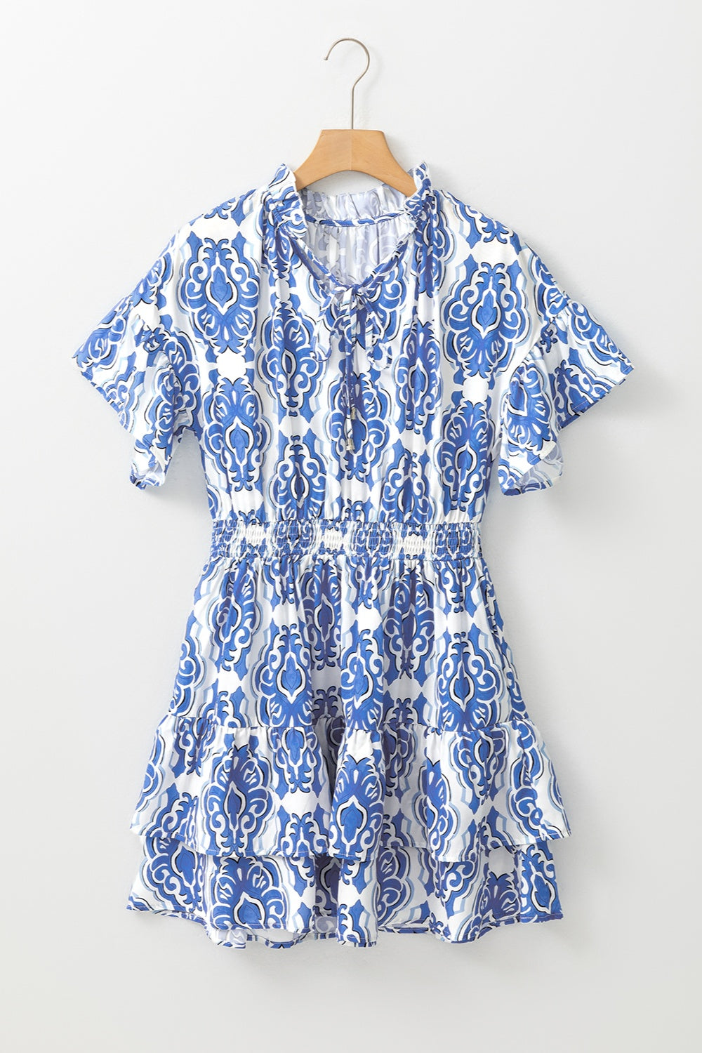 Printed Tie Neck Short Sleeve Mini Dress - Charming Charlie