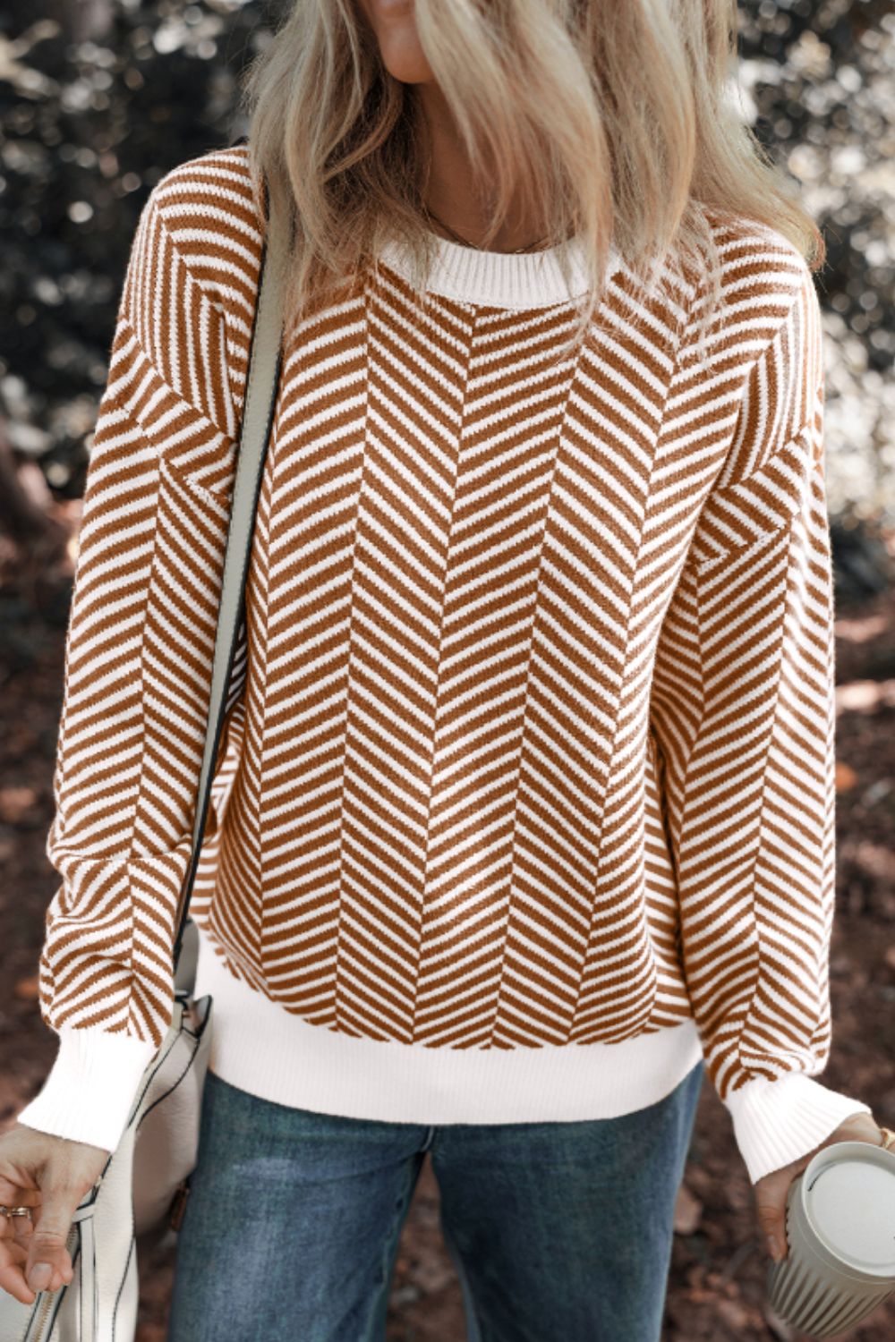 Striped Round Neck Long Sleeve Sweater - Charming Charlie
