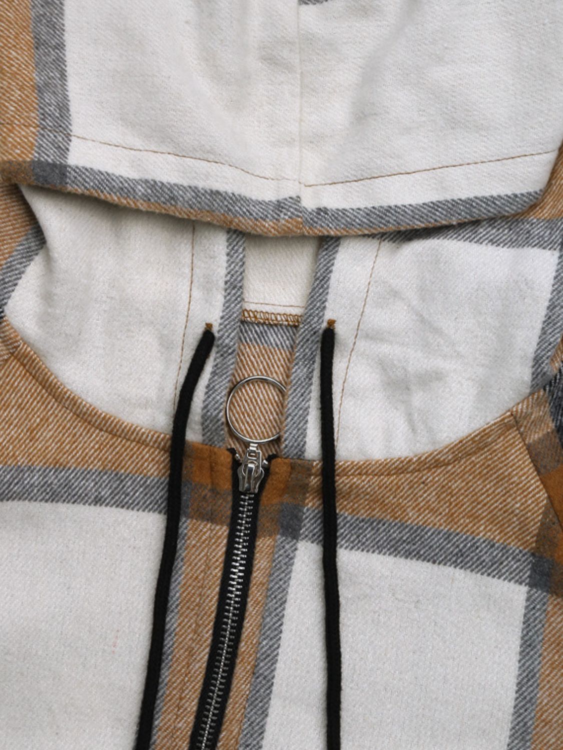 Drawstring Plaid Zip Up Long Sleeve Hooded Outerwear - Charming Charlie