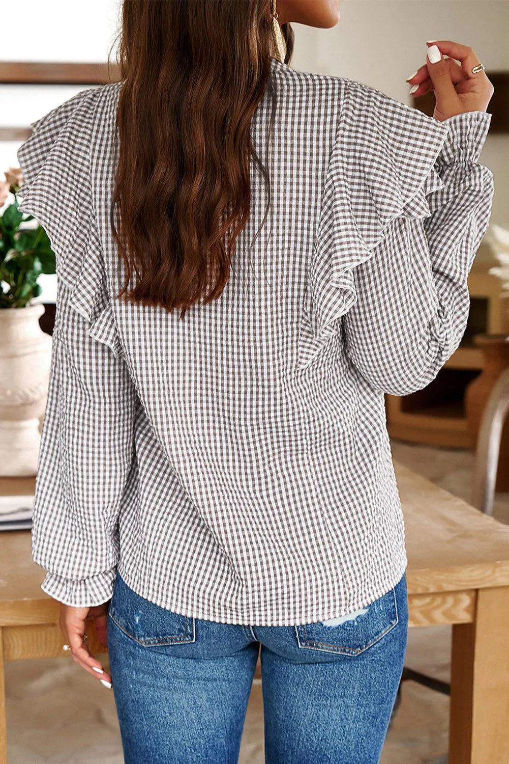Ruffled Plaid Notched Flounce Sleeve Shirt - Charming Charlie