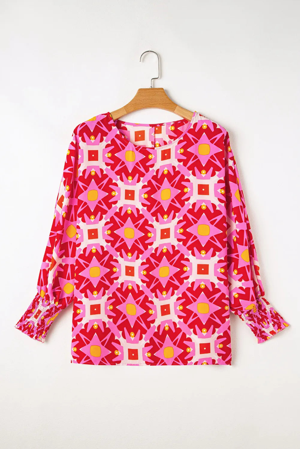 Smocked Cuff Printed Round Neck Long Sleeve Blouse - Charming Charlie