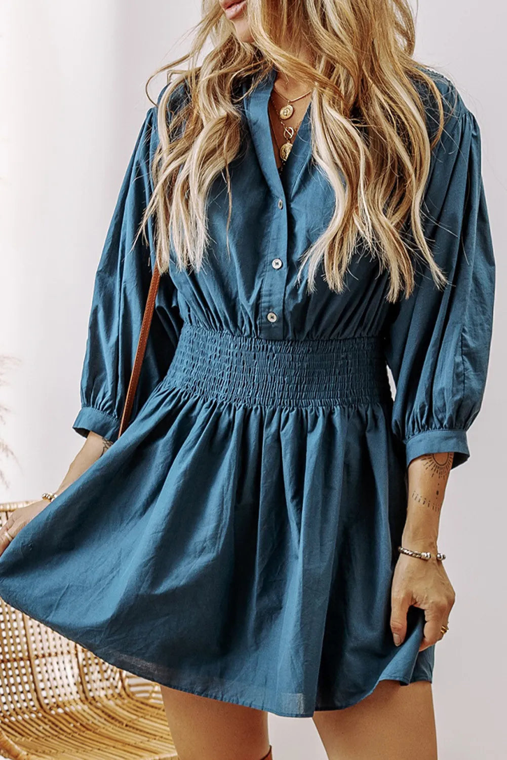 Smocked Half Button Three-Quarter Sleeve Mini Dress - Charming Charlie
