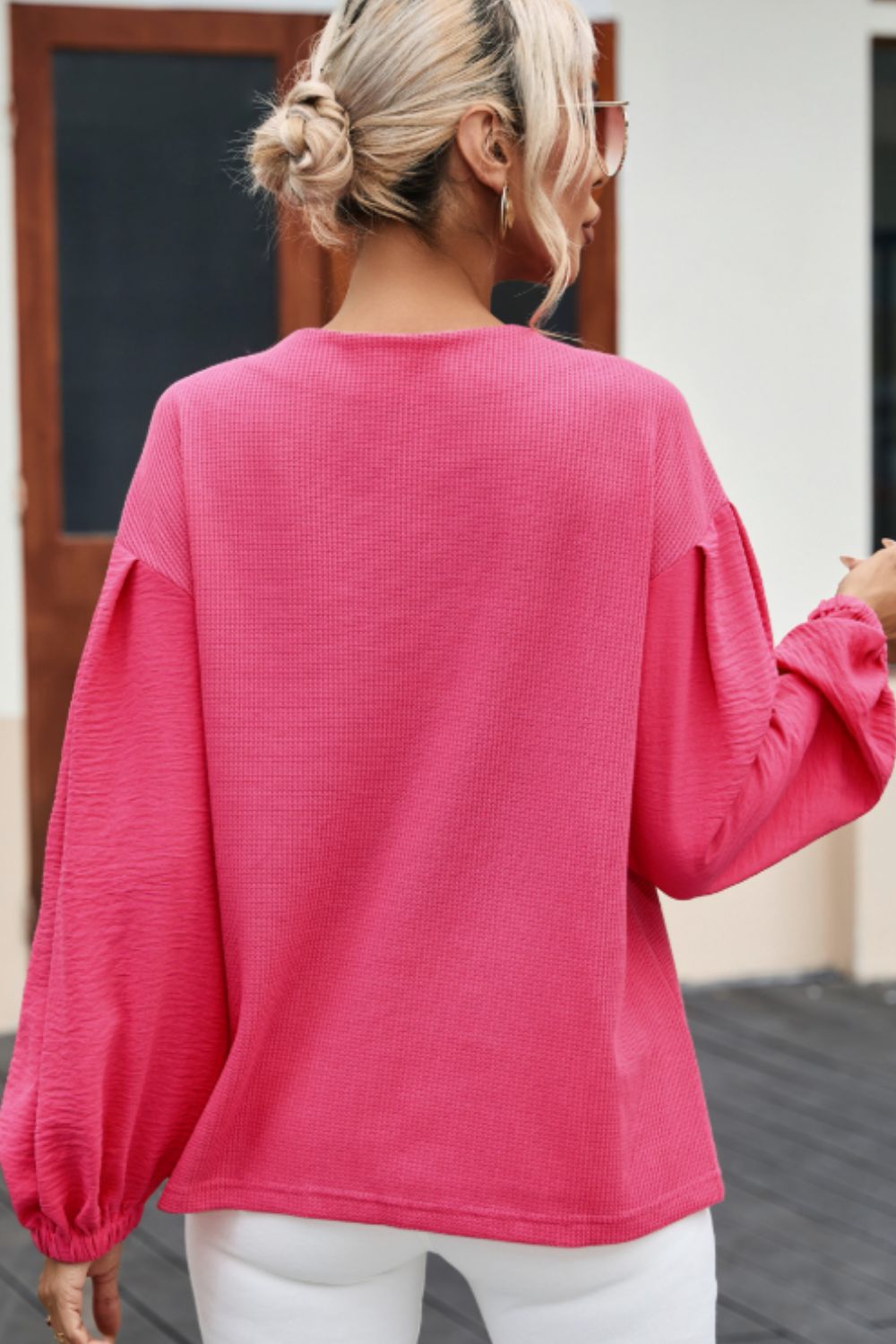 Waffle-Knit V-Neck Long Sleeve Blouse - Charming Charlie