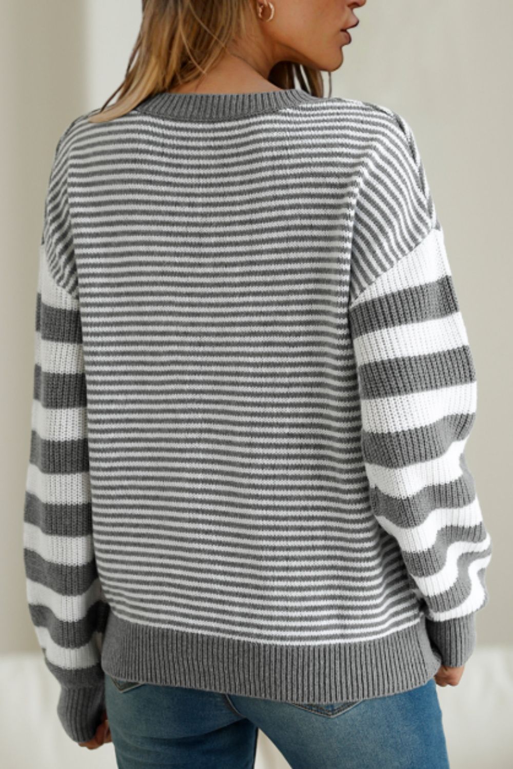 Striped Round Neck Dropped Shoulder Sweater - Charming Charlie