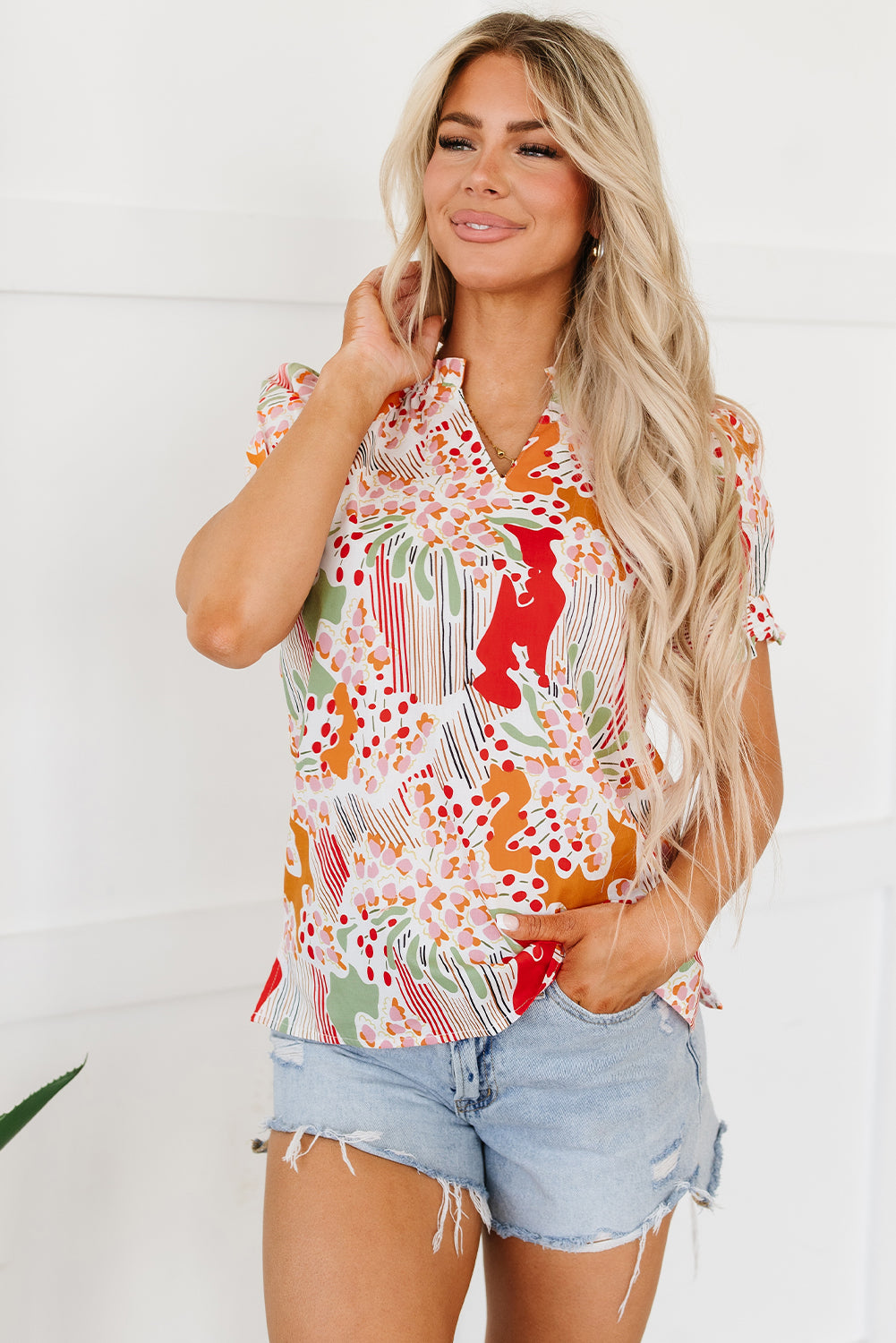 Printed Notched Short Sleeve Blouse - Charming Charlie
