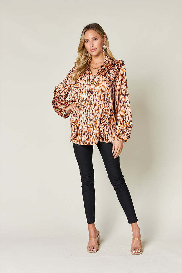 Double Take Full Size Printed Ruffle Trim Balloon Sleeve Shirt - Charming Charlie