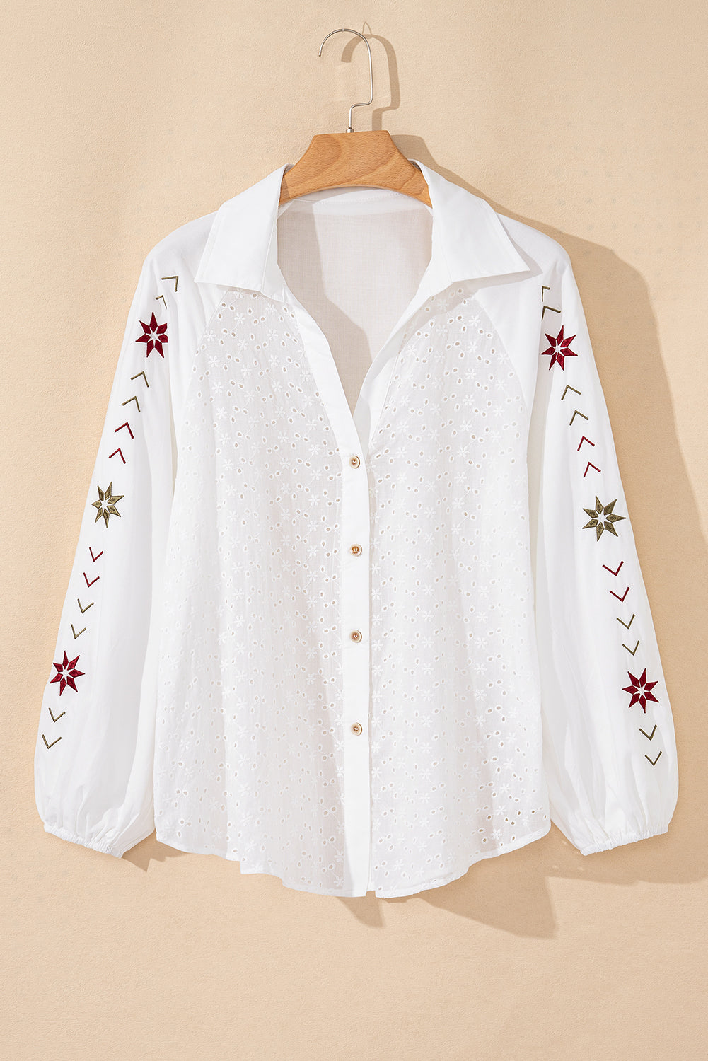 Embroidered Eyelet Collared Neck Long Sleeve Shirt - Charming Charlie