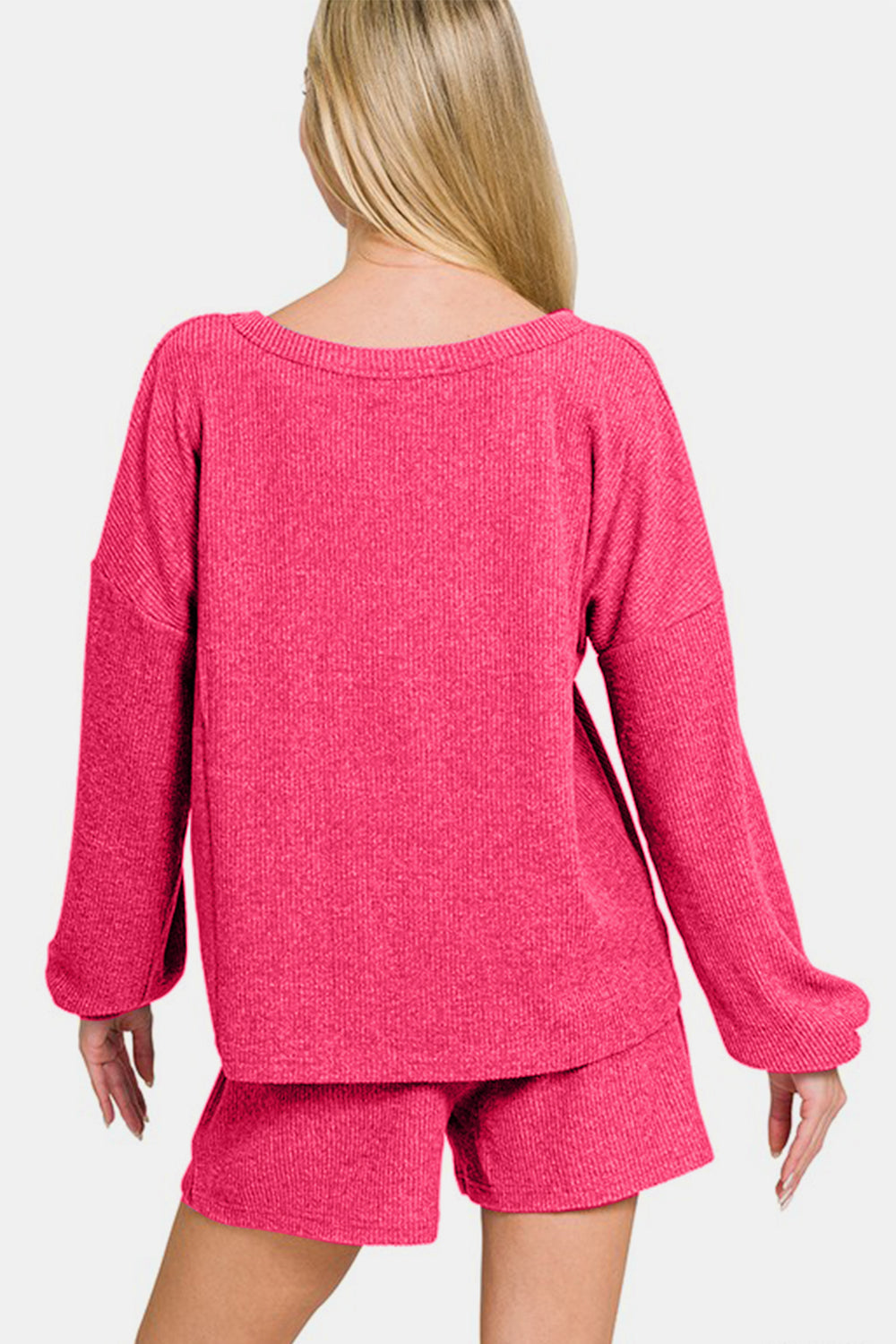 Zenana V-Neck Long Sleeve Ribbed Top and Shorts Set - Charming Charlie