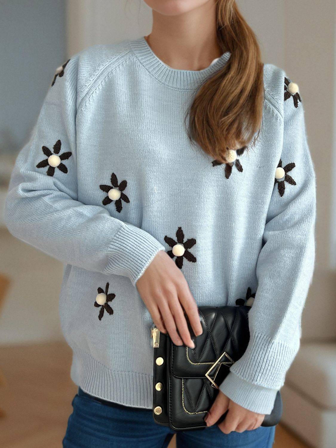 Flower Round Neck Raglan Sleeve Sweater - Charming Charlie