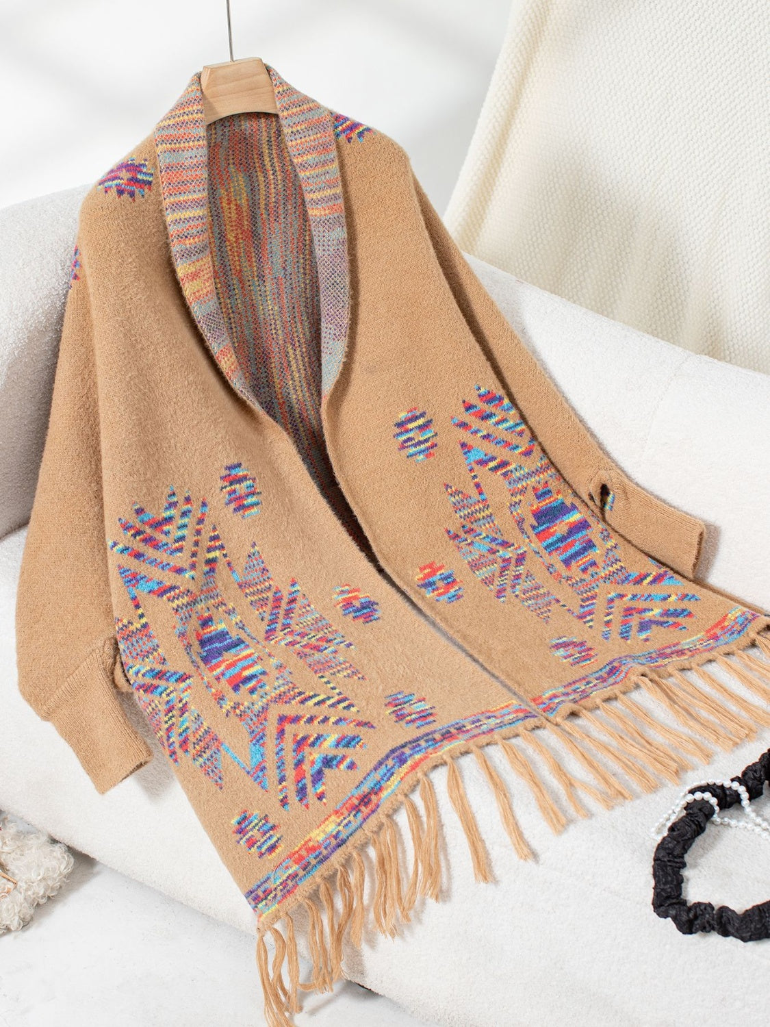 Fringe Geometric Open Front Long Sleeve Cape - Charming Charlie