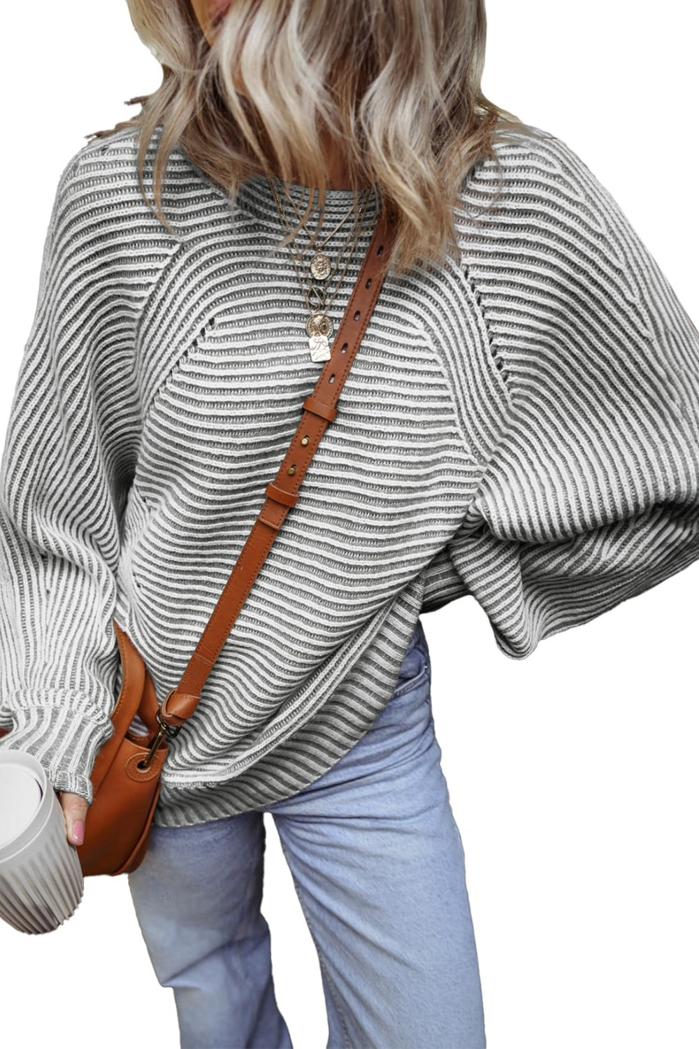 Textured Striped Round Neck Long Sleeve Top - Charming Charlie