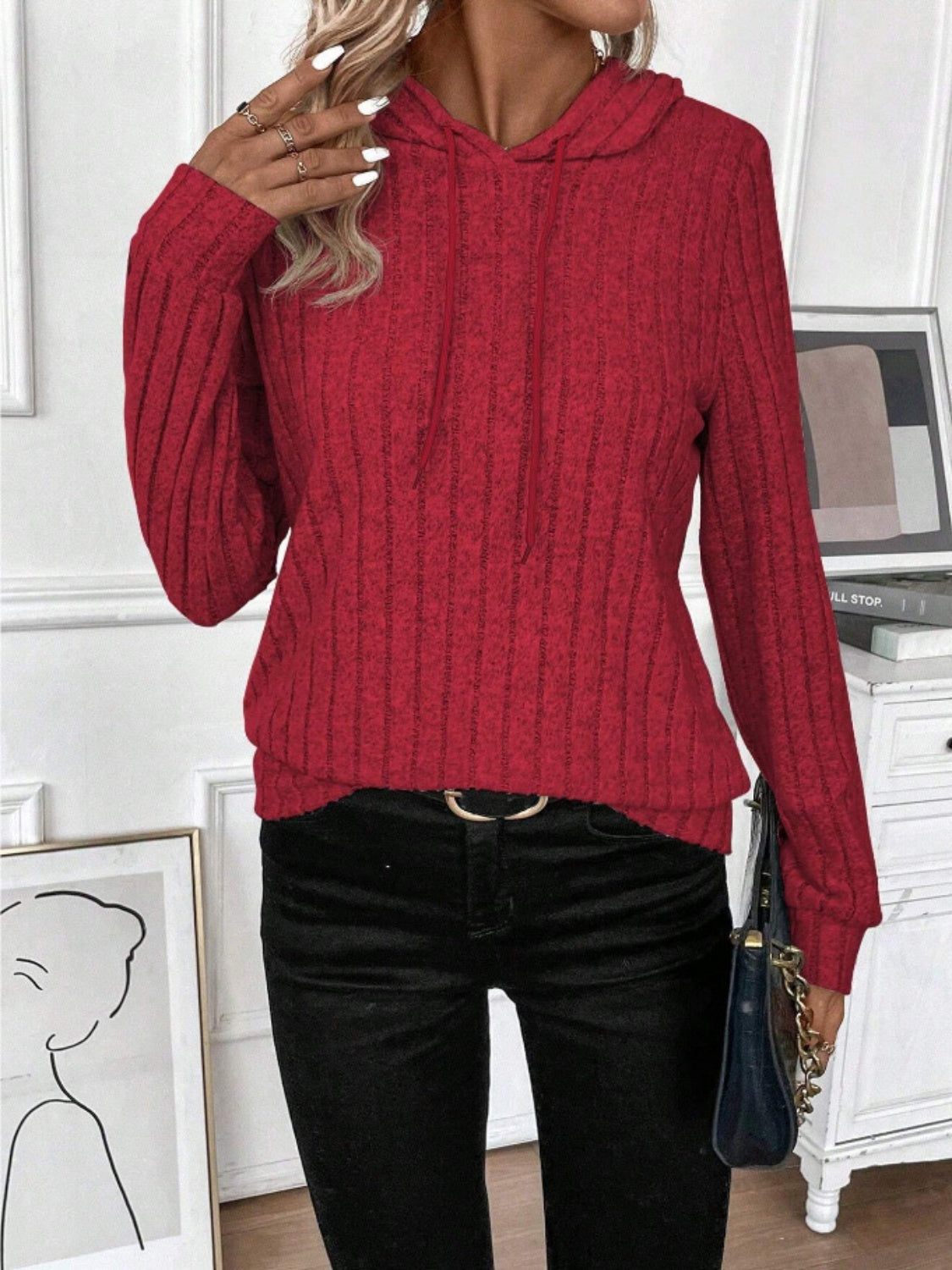 Drawstring Ribbed Long Sleeve Hoodie - Charming Charlie