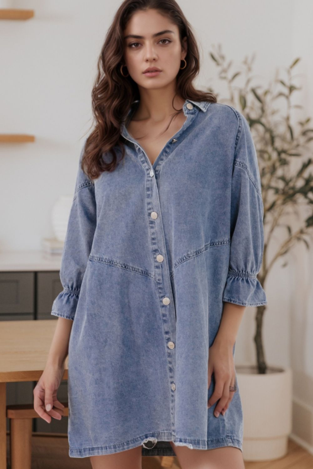 Distressed Collared Neck Flounce Sleeve Denim Dress - Charming Charlie